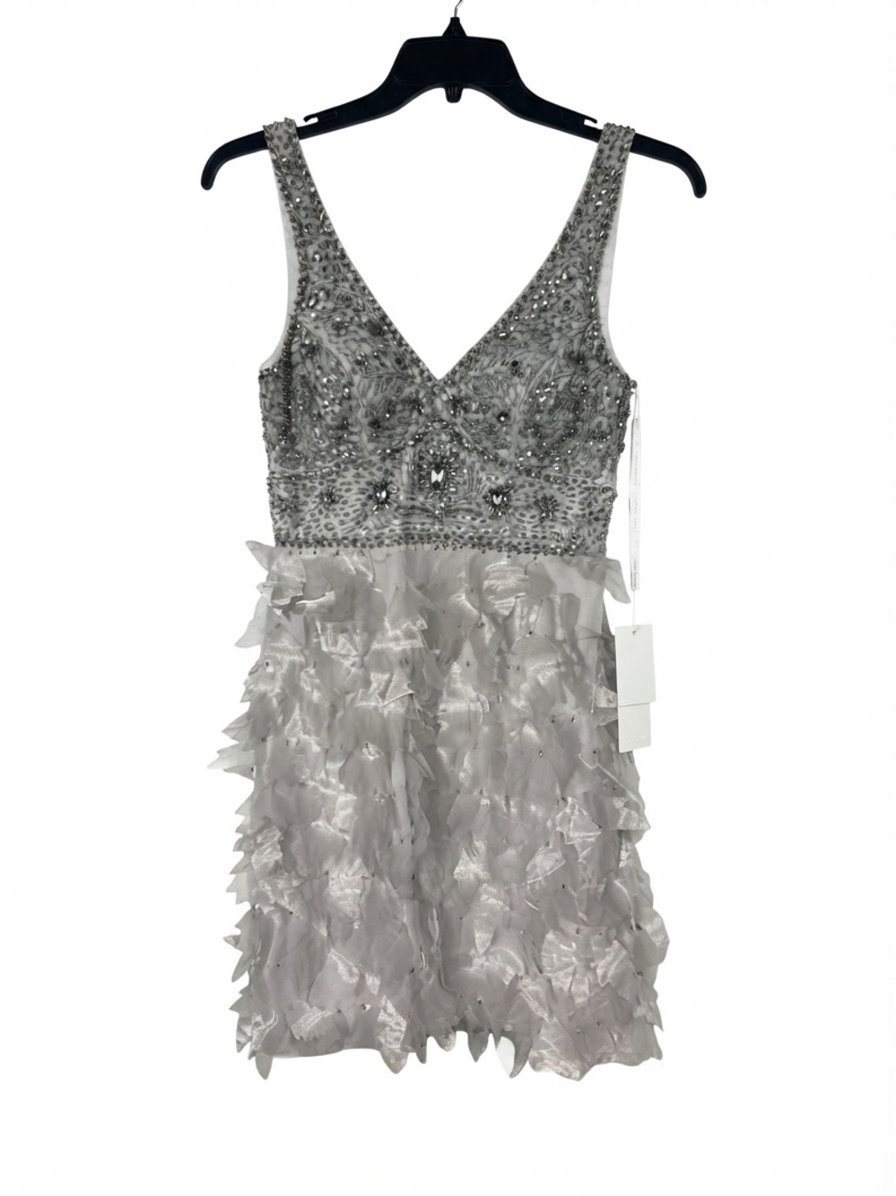 Sue Wong Silver Beaded V-Neck Mini with Petal Skirt